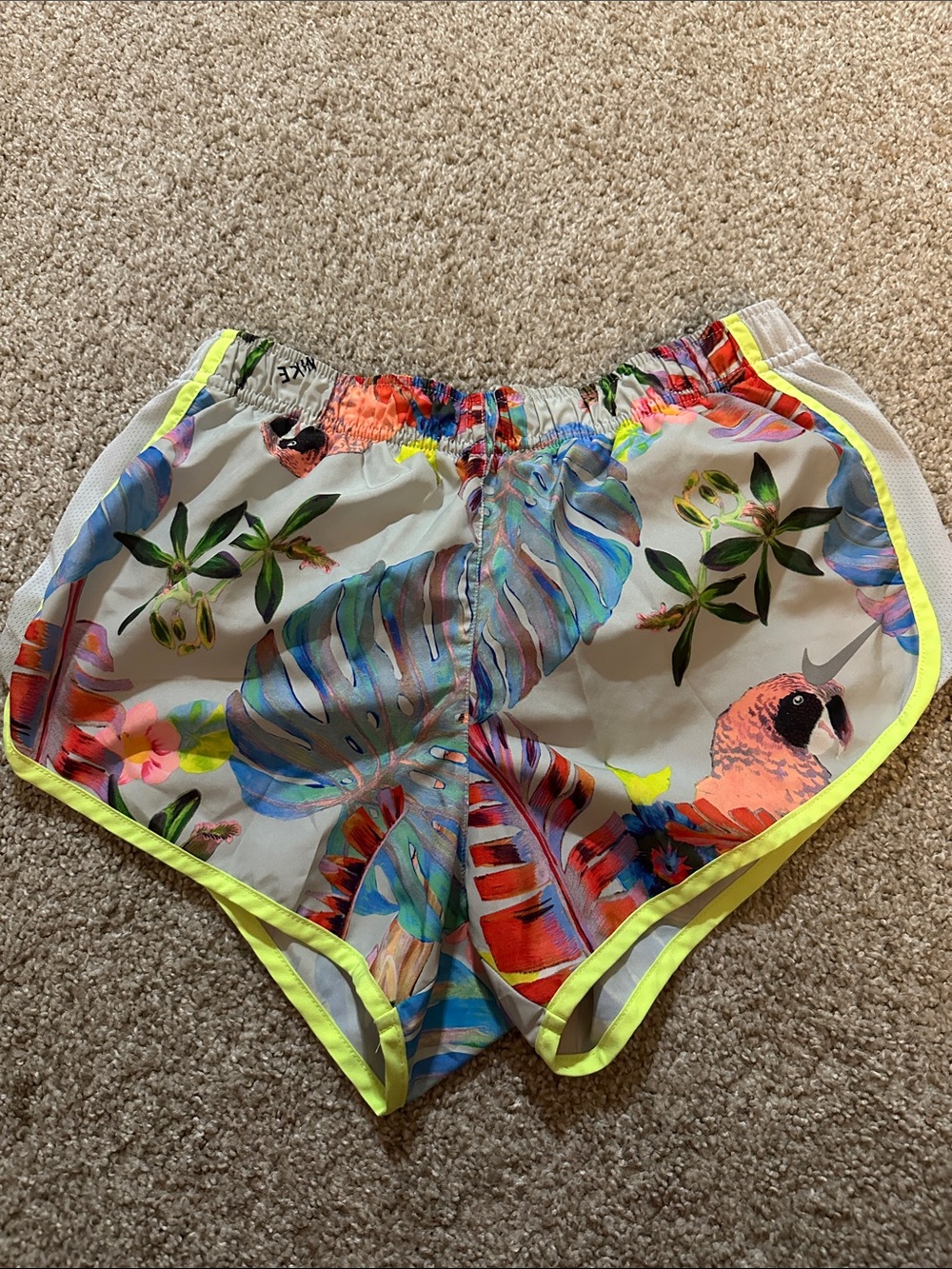 Nike Women's Tropical Parrot Print Running Shorts in White and Neon Yellow
